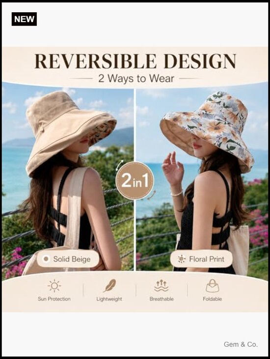 Women\'s Wide Brim Sun Hat with Wired Edge, Reversible Foldable for Travel main image 4